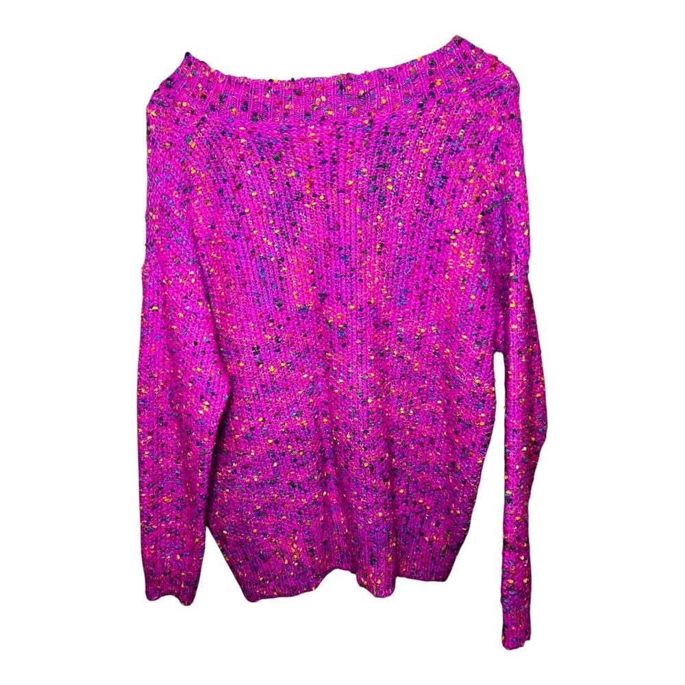 Main Strip Fuchsia Pink Confetti Speckled Chunky Knit V-Neck Sweater LT32067 - Picture 2 of 6
